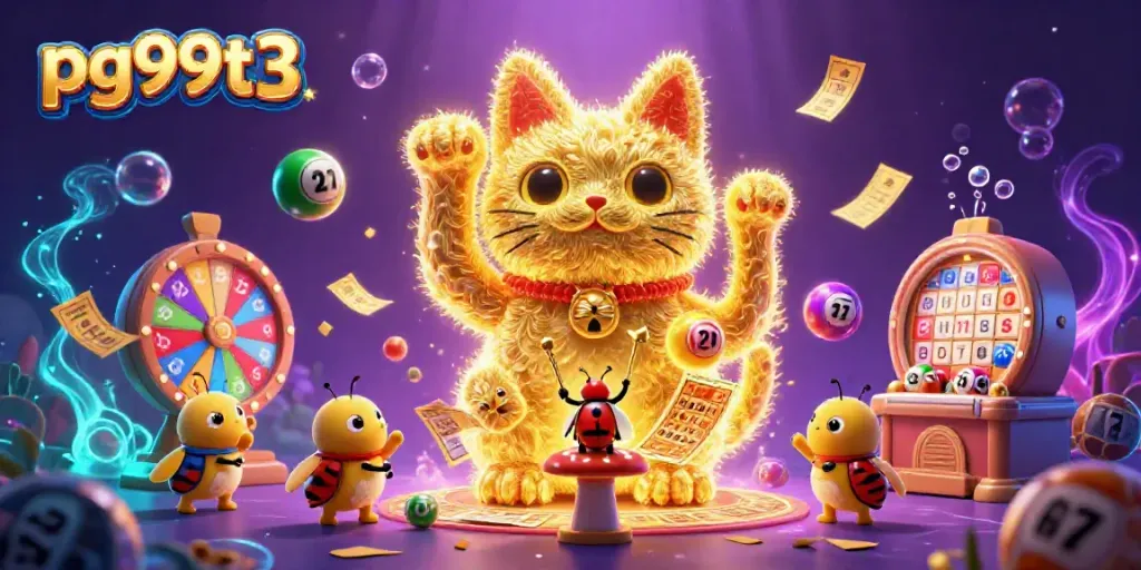 Experience the excitement of pg99t3 with a colorful display of casino elements and a lucky cat made of fireflies.