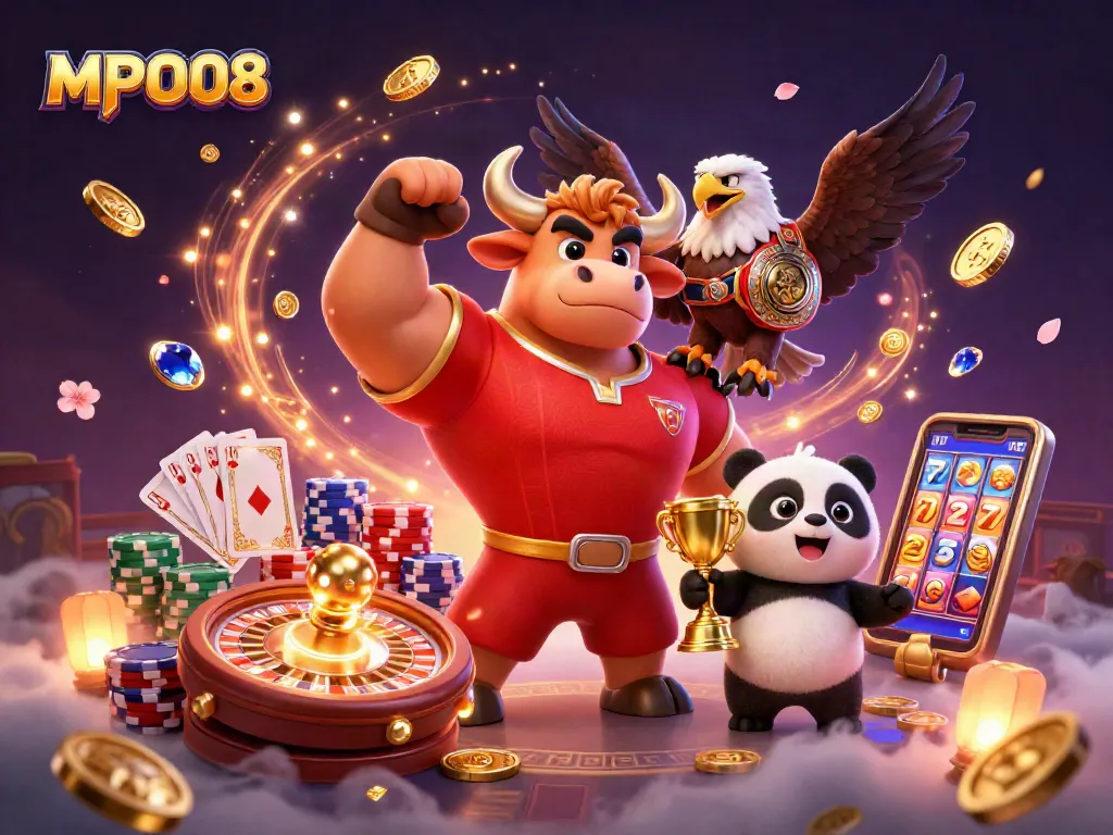 MPO08 showcases a triumphant bull with a golden trophy, set against a casino backdrop filled with vibrant action.