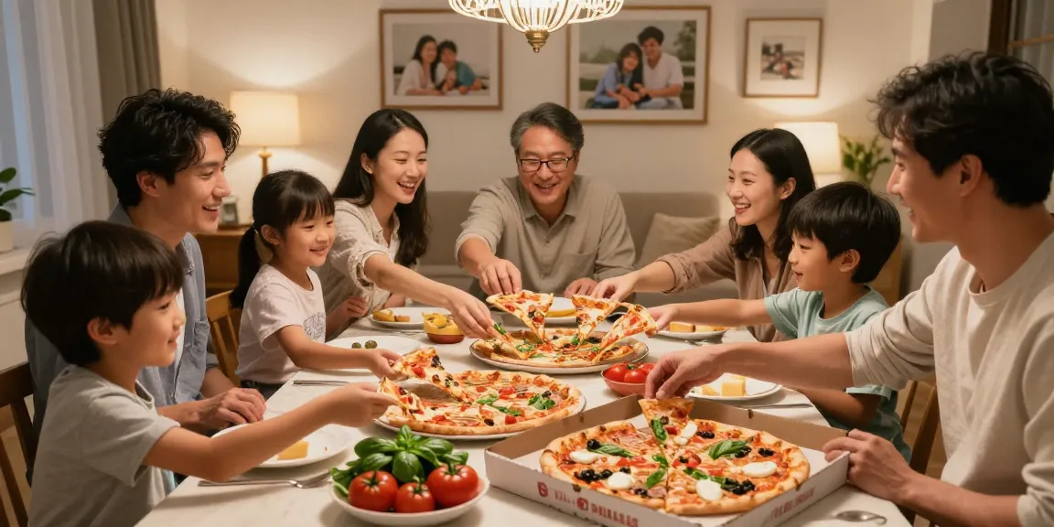 Family pizza night with pokemontoto-themed gourmet slices in a cozy home setting.