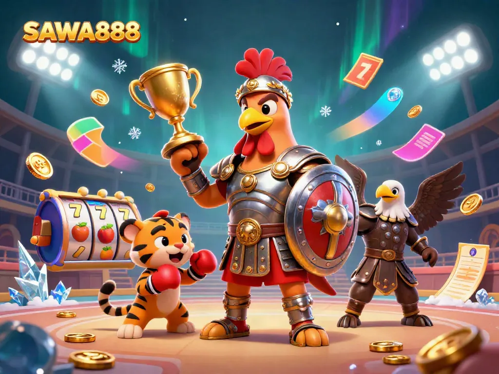Experience thrilling gameplay at SAWA888 with slot reels, jackpots, and dynamic characters.