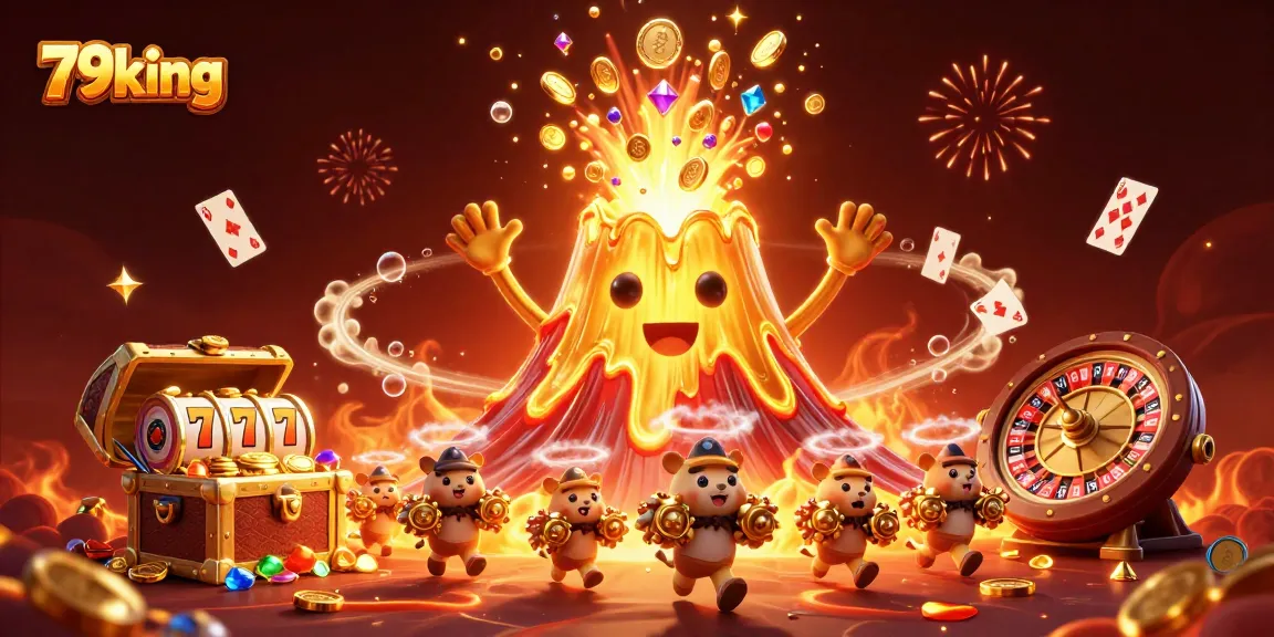 Experience thrilling wins with 79king's vibrant casino atmosphere featuring a golden volcano and treasures.