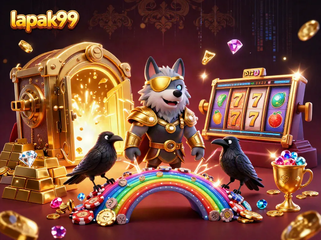 Engage with lapak99 in this vibrant illustration of a Norse-inspired casino world featuring golden treasures and interactive slot reels.
