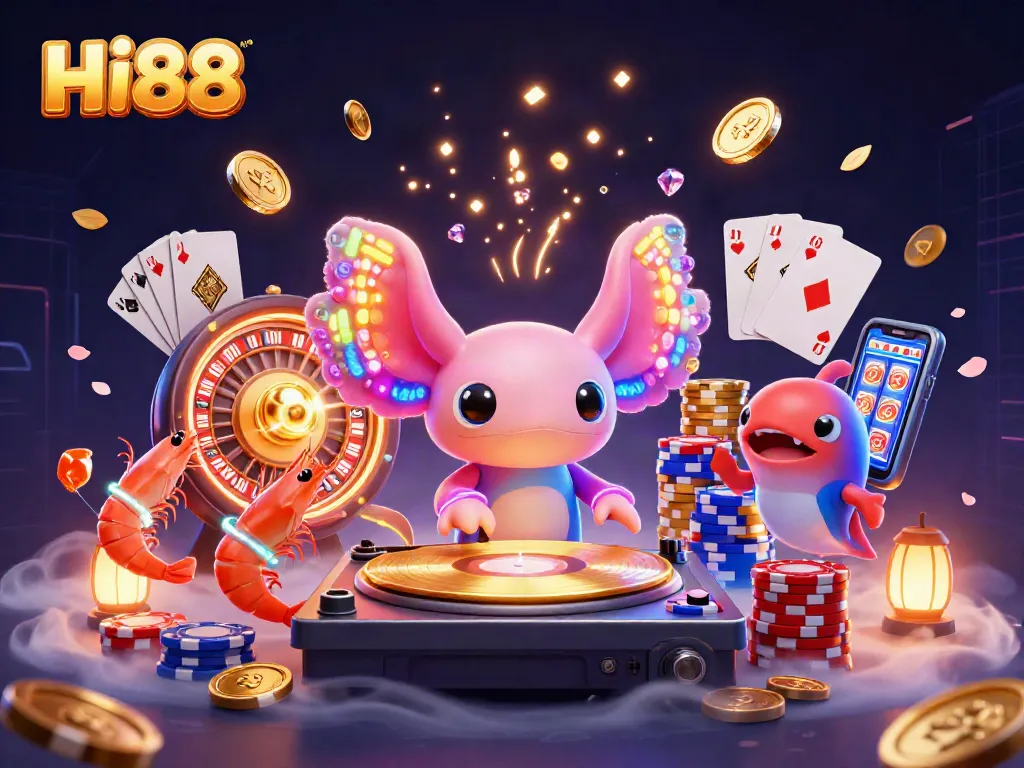 HI88 showcasing a vibrant underwater casino scene with a DJ axolotl and dynamic gaming elements.