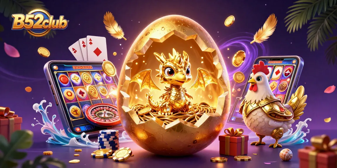 B52club offers thrilling gaming experiences with vibrant dragon and poker chips, showcasing a slot game.