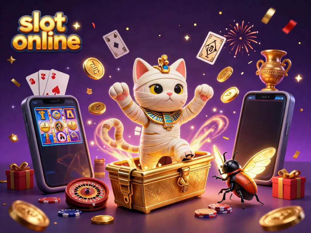 Permainan slot online yang seru dengan karakter kucing mummy dan scarab di kasino piramida.