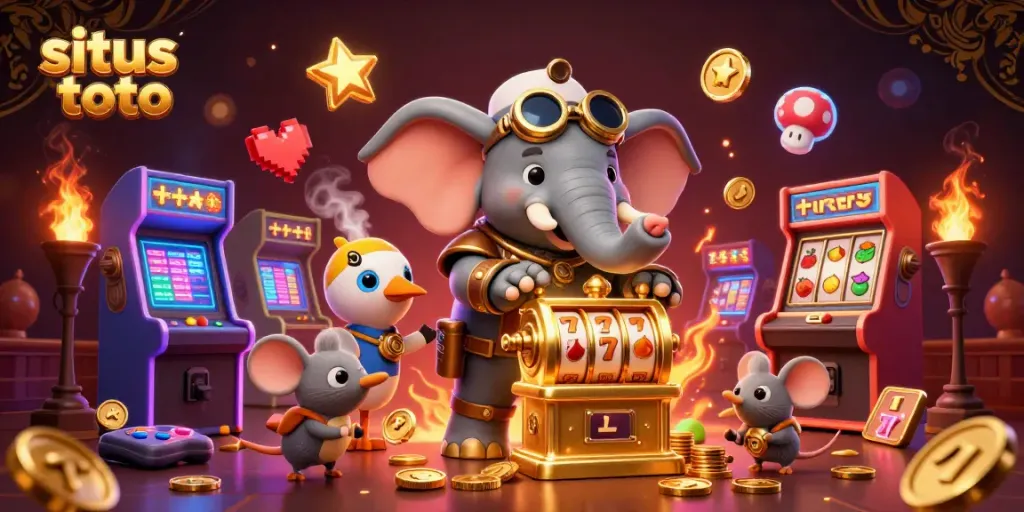 Menangkan permainan situs toto dengan mesin slot yang emas dan karakter unik dalam ilustrasi 3D.