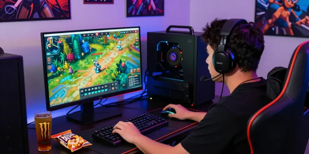 Penggemar natunatoto yang sedang bermain game online di lingkungan gaming modern dengan suasana menyenangkan.