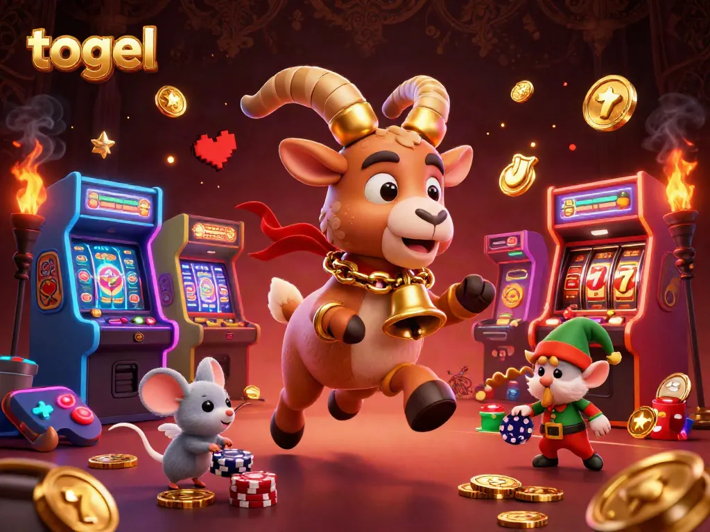 Gambaran 3D togel menampilkan karakter kasino dengan gremlin pencuri chip dan permainan slot yang menarik.