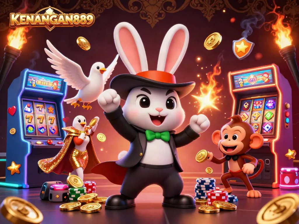 Winning slots and action in a vibrant illustration of KENANGAN889 with magical characters.