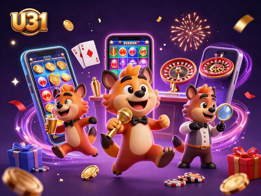 Experience thrilling gaming action at U31 online casino with lively hyena characters in a vibrant illustration.