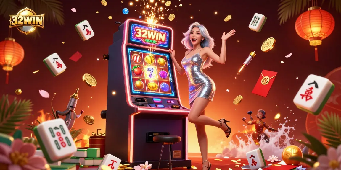 32WIN celebrates winning moments as a gorgeous woman plays a slot machine with vibrant casino elements surrounding her.