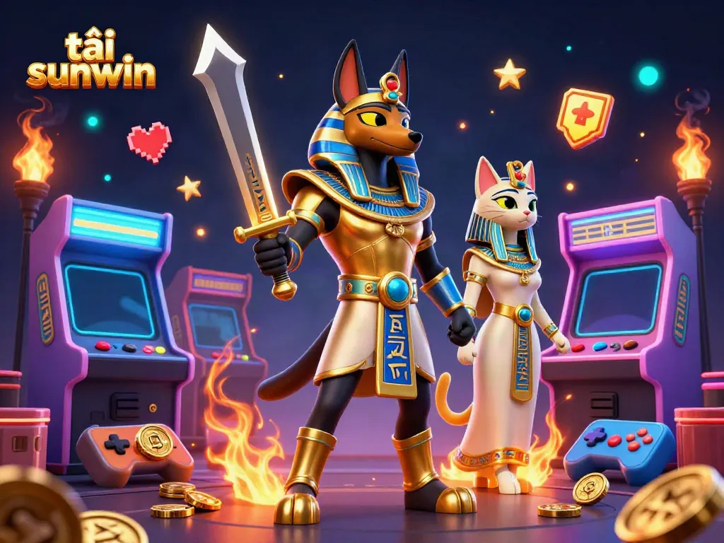 Engage in thrilling gaming adventures with tải sunwin, featuring ancient Egyptian characters and vibrant arcade elements.