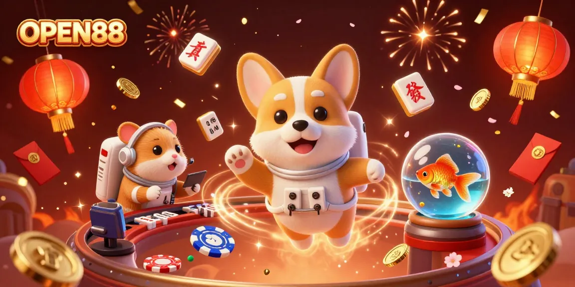 Experience the excitement of OPEN88 with a 3D astronaut corgi in a vibrant casino scene, surrounded by golden coins and festive elements.