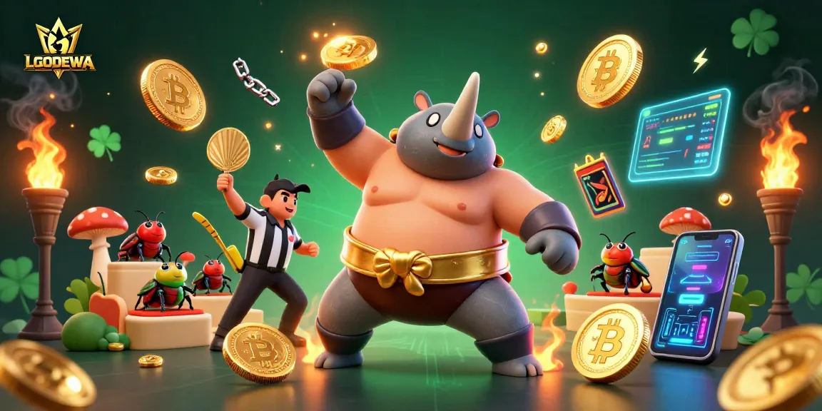 Engage with LGODEWA's vibrant 3D sumo beetle championship featuring flying coins and crypto elements.