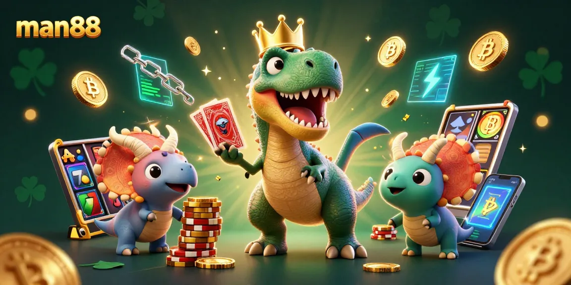 Step into the man88 casino experience with a whimsical scene showcasing a T-Rex shuffling cards and stacking chips.