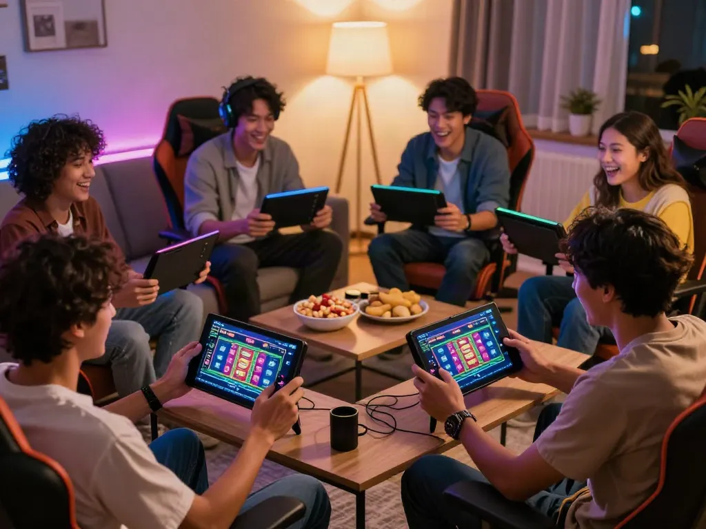 Friends enjoying a lively slot dana gaming session in a vibrant living room.