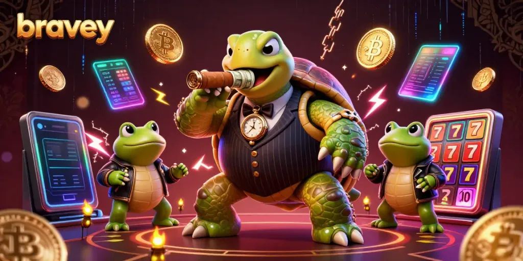 bravey showcases a casino-themed scene with a snapping turtle in a mobster suit amid neon slot elements and crypto coins.