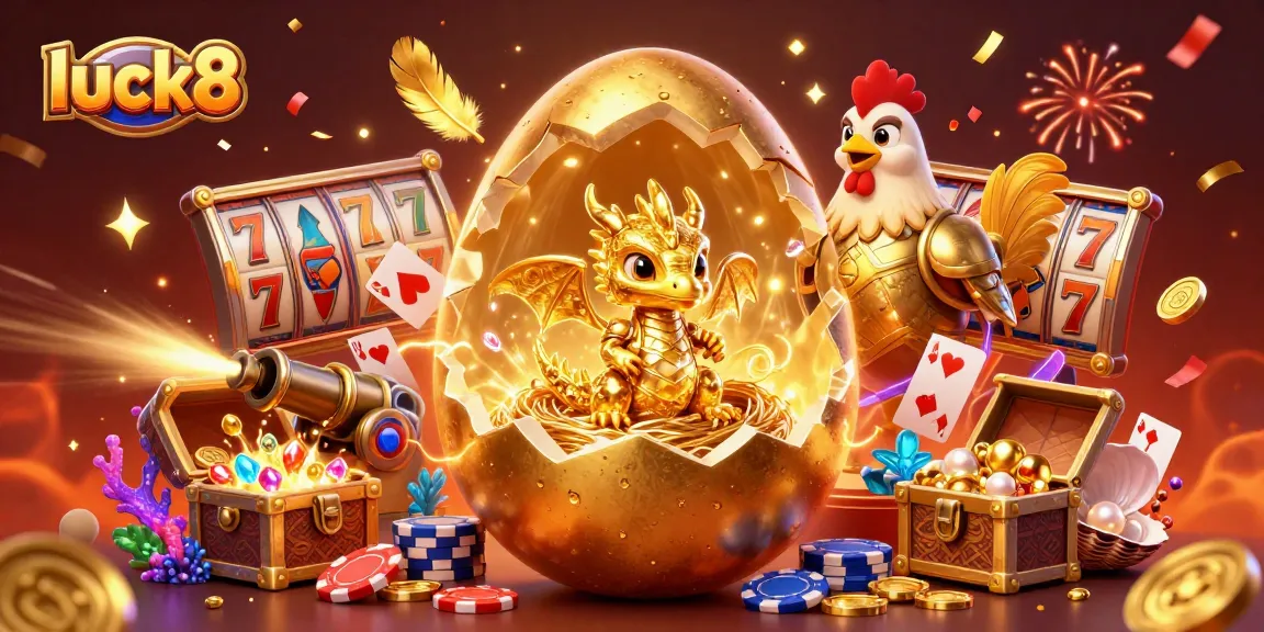Immerse in luck8's golden casino world with a dragon on poker chips and dynamic game elements.
