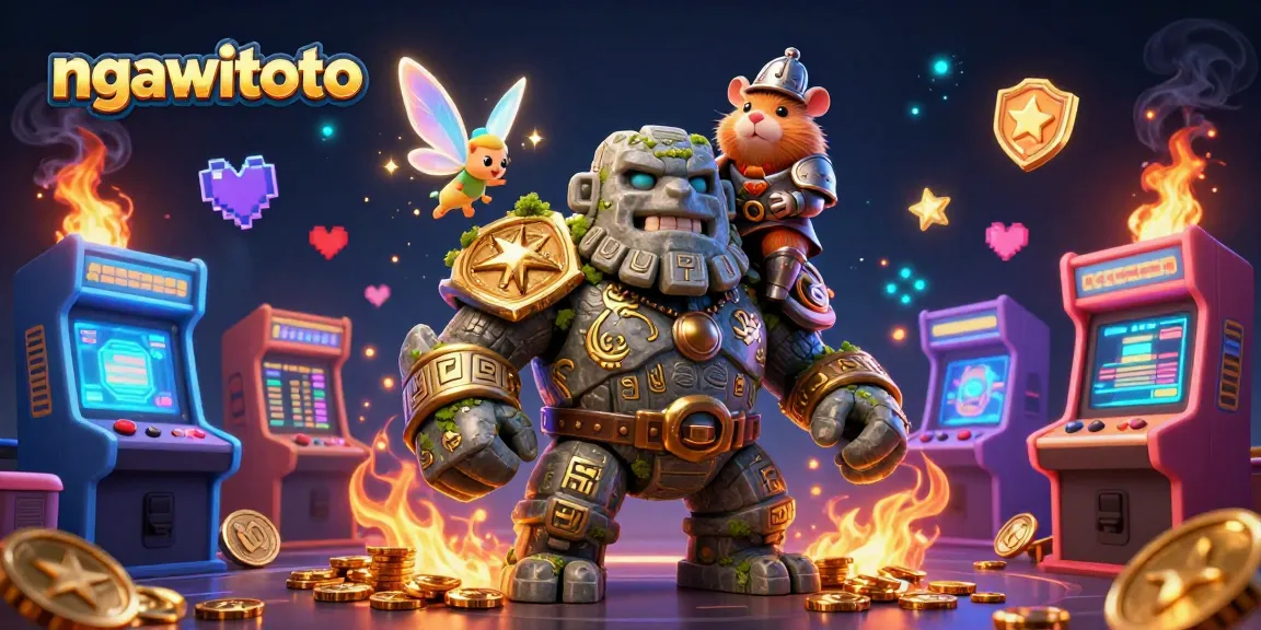 Gambar golem batu kuno hidup dengan peri bersayap dan seorang kesatria hamster, mainkan togel di ngawitoto.