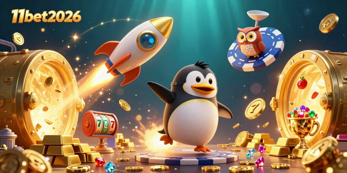 Experience the thrilling adventure of 11bet2026 with a golden penguin and casino elements.