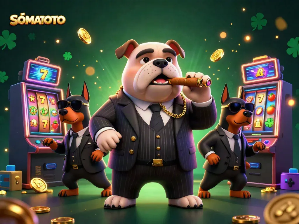 SOMATOTO showcases a mafia bulldog in a casino filled with colorful slot machines, coins, and dynamic gaming elements.