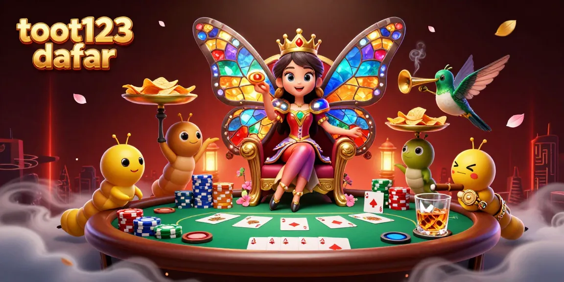 Play exciting games at toot123 daftar featuring a vibrant scene with poker chips, cards, and a butterfly queen.