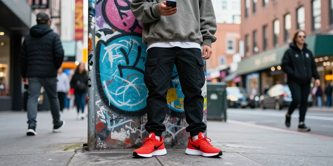 Orang mengenakan sepatu Nike x NOCTA Glide "Bright Crimson" saat berpose santai di latar belakang dinding grafiti, menangkap tren mode urban di tahun 2026.