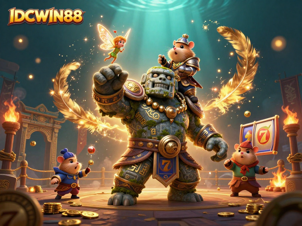 Engage in thrilling gaming with IDCWIN88’s spectacular 3D scene featuring a stone golem and magical elements.