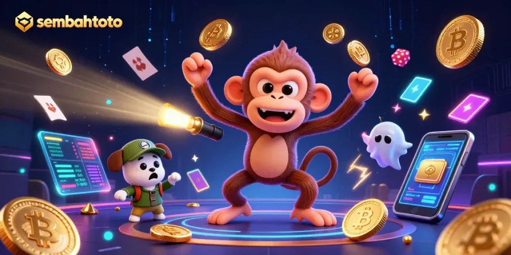 Sembahtoto showcases a playful poltergeist monkey juggling casino items while a curious puppy investigates.