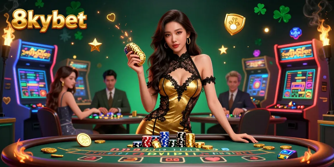 Experience high-stakes excitement at 8xbet with a glamorous Asian woman at a VIP baccarat table, showcasing luxury and gaming.