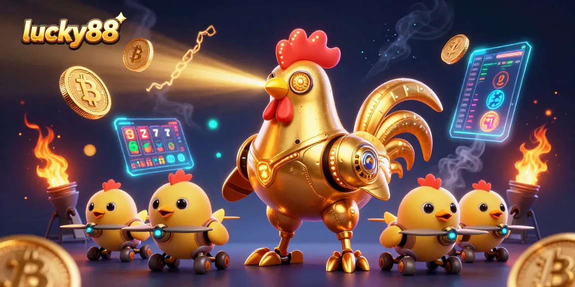 Experience lucky88 with dynamic characters, slot games, and crypto elements in this vibrant illustration.