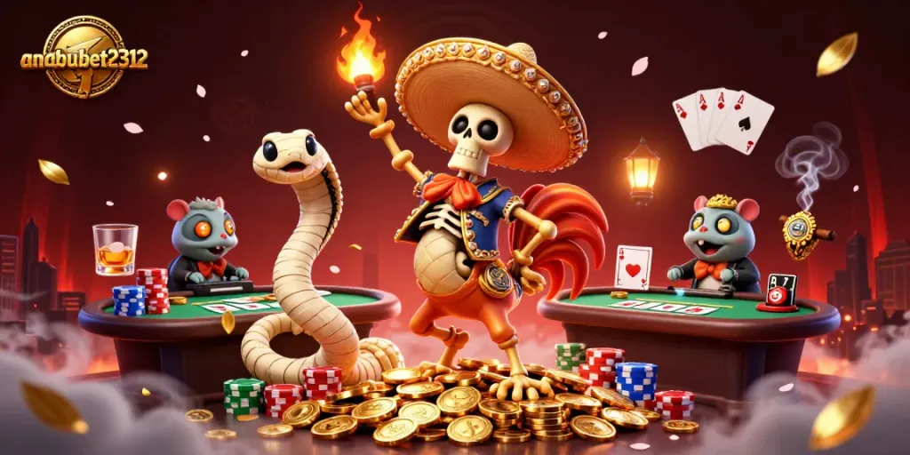 Gambarkan anabulbet2312 menampilkan skeleton mariachi berkaki emas merayakan pesta dengan chip poker dikelilingi koin emas.