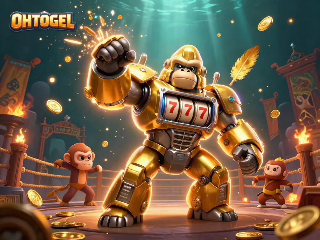 OHTOGEL menghadirkan mekanik gorila emas yang terbuat dari mesin slot dengan koin meluncur keluar.