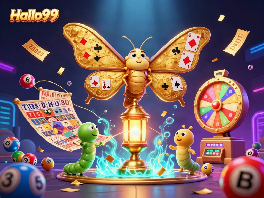 Join the excitement of Halo99 with colorful lottery balls and vibrant casino scenes.