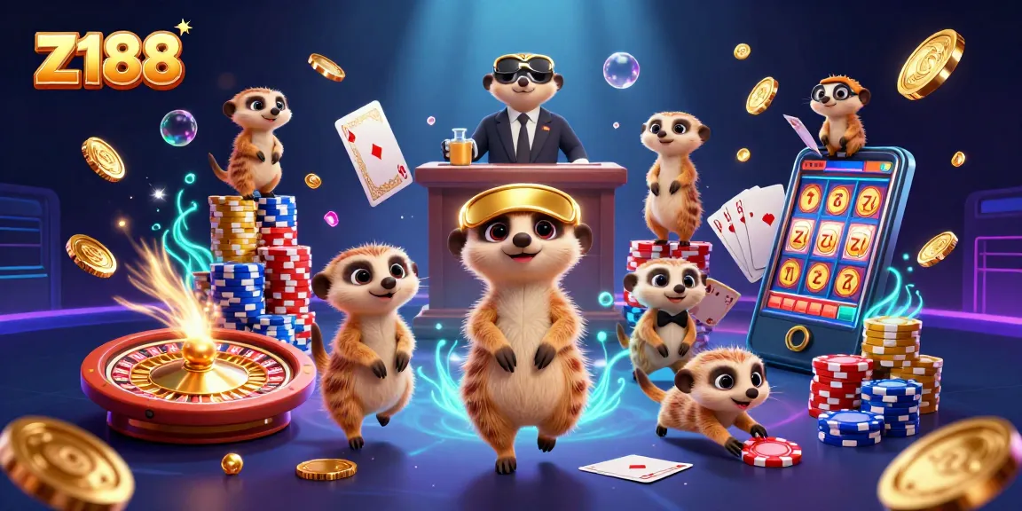 Z188 meerkats delight in vibrant casino action with chips, cards, and more.
