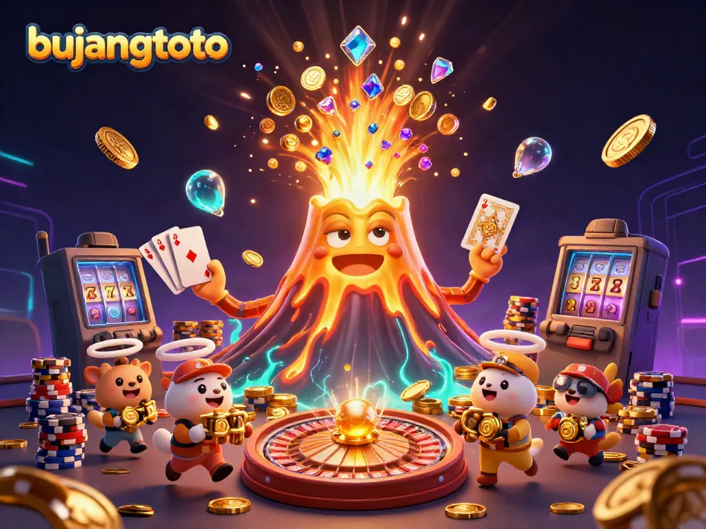 Engage with bujangtoto in a vibrant casino scene with a golden volcano, treasures, and roulette elements.
