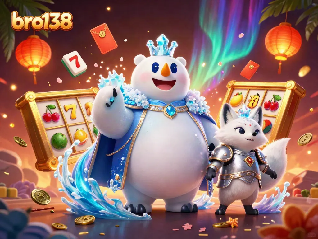 Join the fun at bro138 with a vibrant casino scene showcasing epic slot games and festive decorations.
