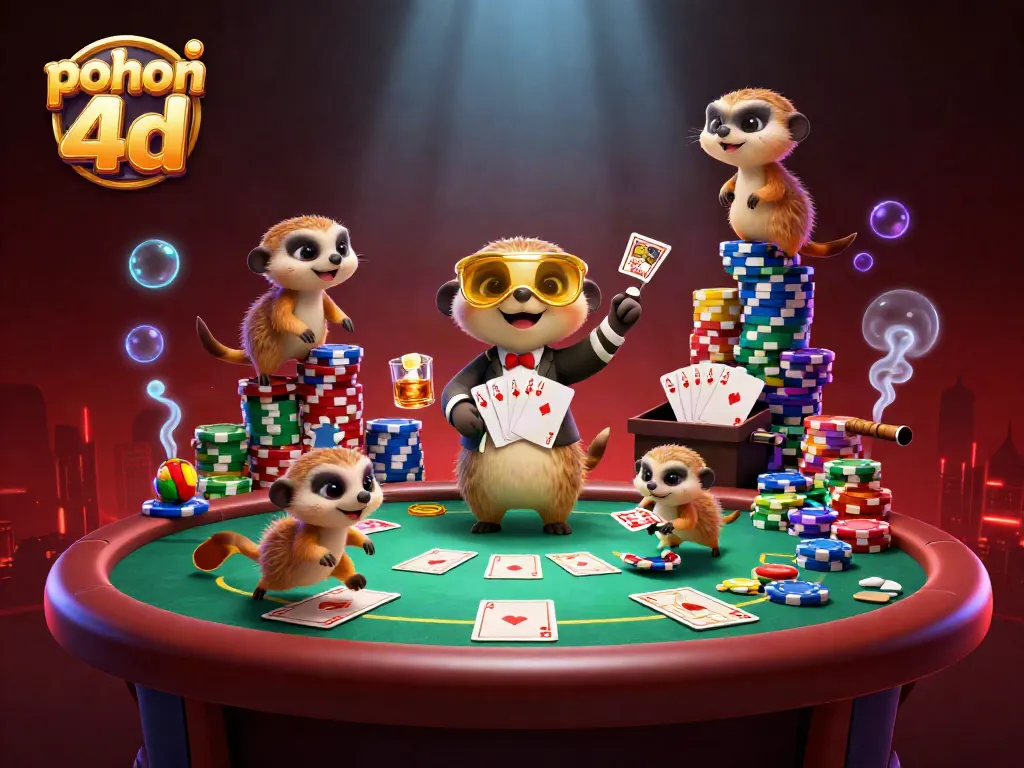 Engaging scene with meerkats operating a poker table in a vibrant "pohon 4d" casino atmosphere.