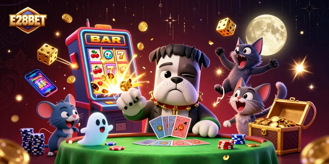 E28BET engages gamblers with a lively card game scene featuring a quirky bulldog dealer and additional casino elements.
