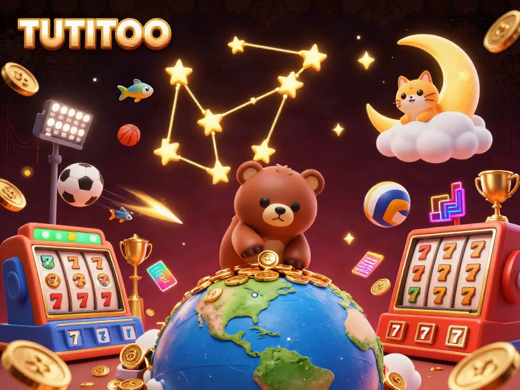 TUTITOTO constellation bear scoops coins in a vibrant online casino scene with slot elements and flying sports balls.