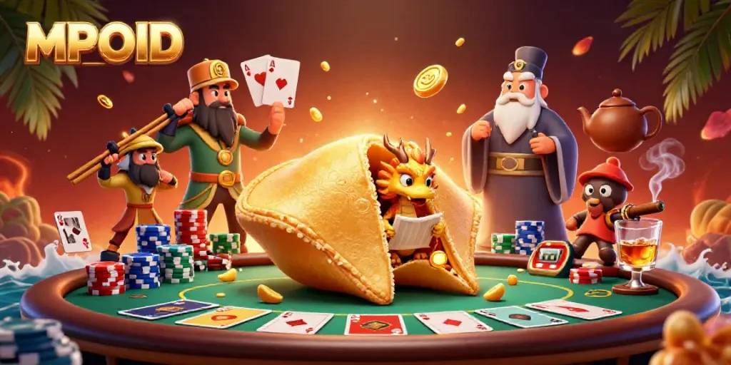 Engage with MPOID's rich casino experience featuring vibrant characters and poker elements in a fantasy setting.