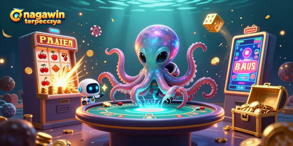 Engage with nagawin terpercaya's dynamic gaming experience, featuring an alien octopus at a holographic poker table surrounded by exciting casino elements.