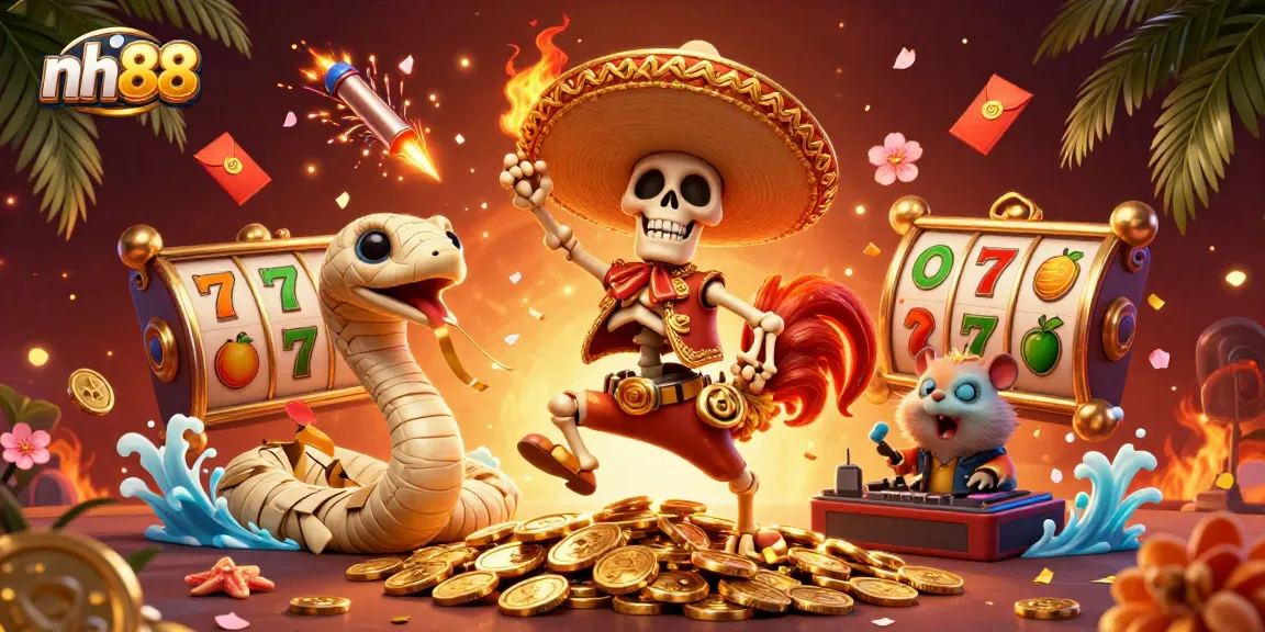 Experience thrilling wins with nh88 as vibrant characters celebrate on a gold coin pile.