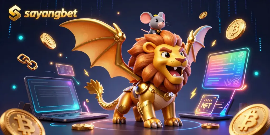 Engage with exhilarating gaming adventures on sayangbet featuring a heroic chimera and crypto-inspired elements.
