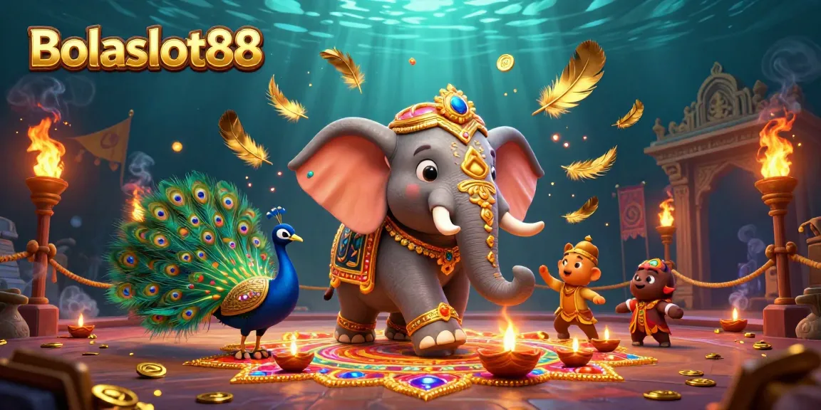 Bolaslot88 immerses players in vibrant casino action with an illustrated elephant and peacock amidst gold coins.