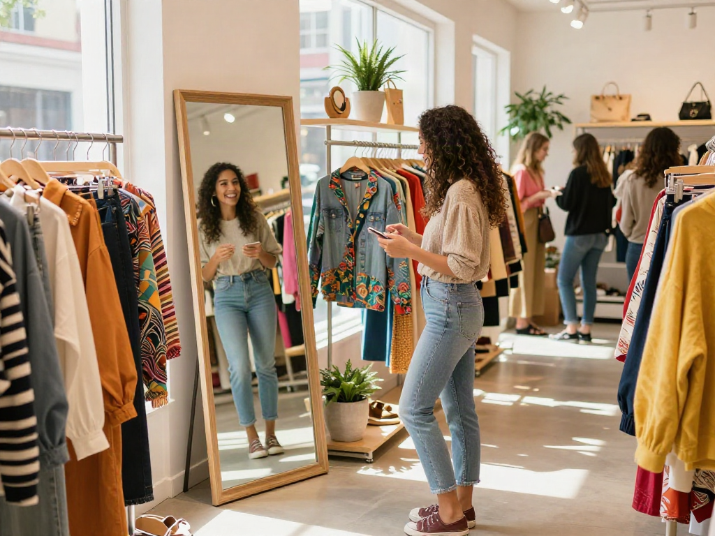 Fashion enthusiast exploring link alternatif bro138 in a trendy boutique, trying on stylish outfits amid a vibrant shopping atmosphere.