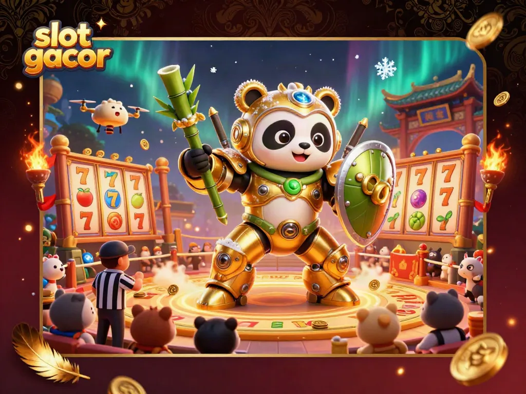 Experience thrilling slot gacor action with golden panda pilot in a vibrant 3D casino scene.