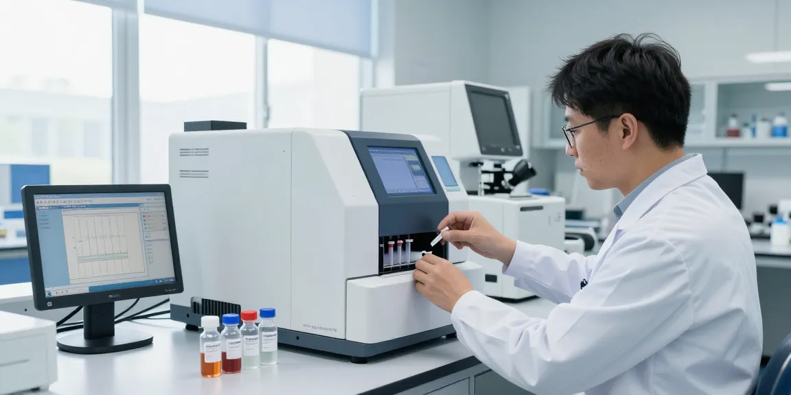 Ascension Peptides Review featuring scientists conducting lab tests on peptide compounds with HPLC machines and data analytics.