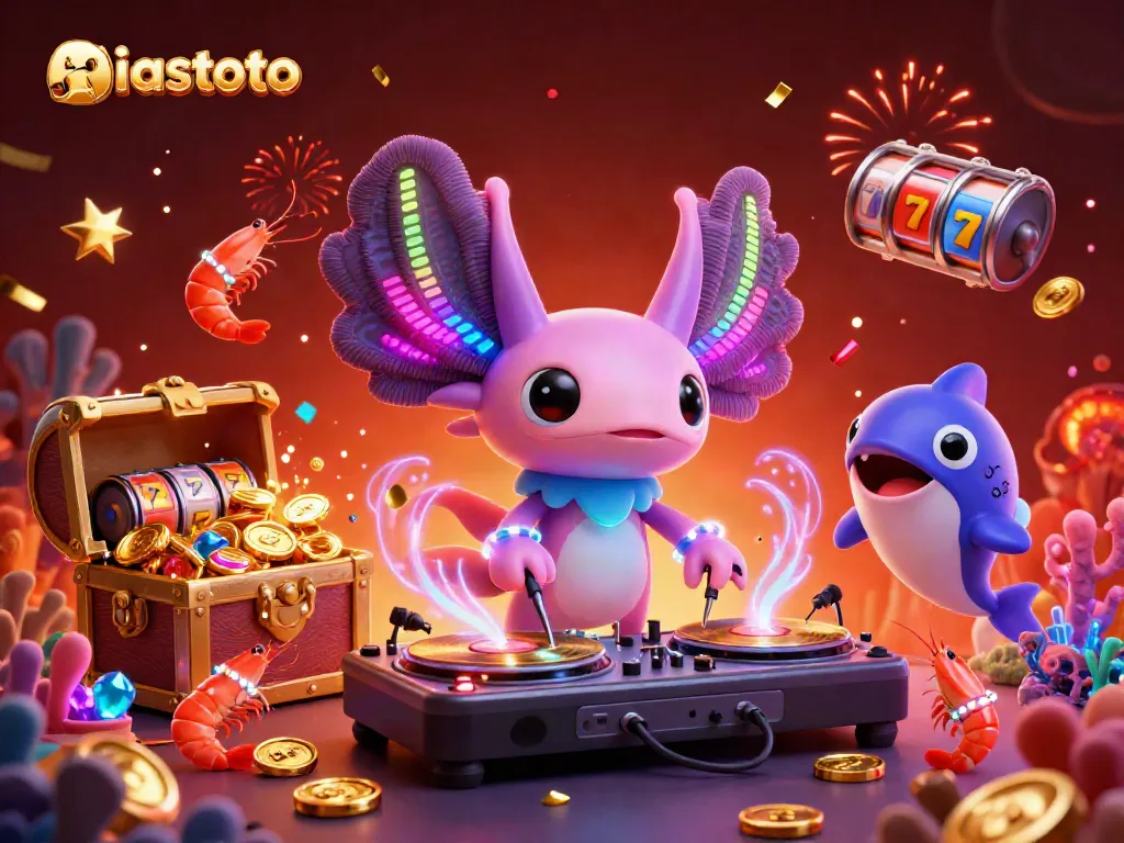 Experience excitement with niastoto's vibrant 3D scene featuring an axolotl DJ and underwater slot game elements.