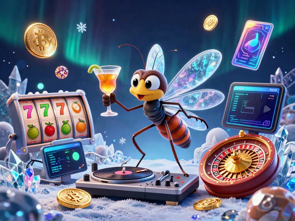 Engage with the vibrant online casino world through a lively scene featuring a frozen mosquito mascot, a trilobite DJ, and a golden roulette wheel.